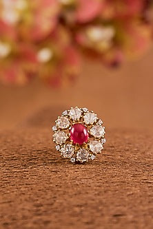 Yellow Gold Finish Moissanite Polki & Ruby Ring In Sterling Silver