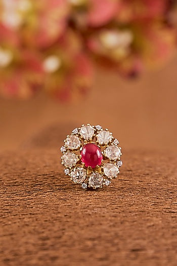 Yellow Gold Finish Moissanite Polki & Ruby Ring In Sterling Silver