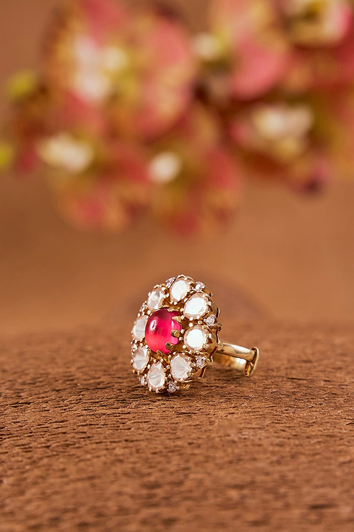 Yellow Gold Finish Moissanite Polki & Ruby Ring In Sterling Silver