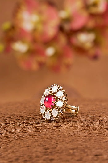 Yellow Gold Finish Moissanite Polki & Ruby Ring In Sterling Silver