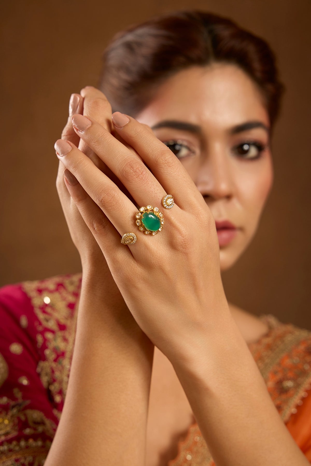 Yellow Gold Finish Moissanite Polki & Emerald Ring In Sterling Silver