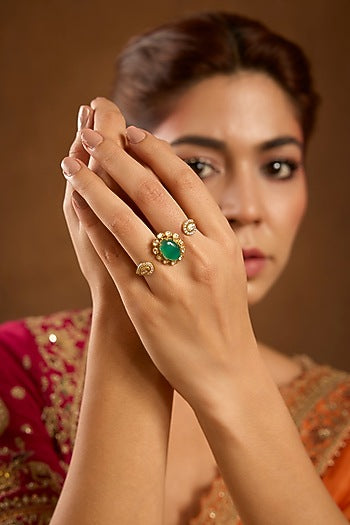 Yellow Gold Finish Moissanite Polki & Emerald Ring In Sterling Silver