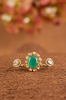 Yellow Gold Finish Moissanite Polki & Emerald Ring In Sterling Silver