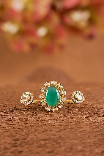 Yellow Gold Finish Moissanite Polki & Emerald Ring In Sterling Silver