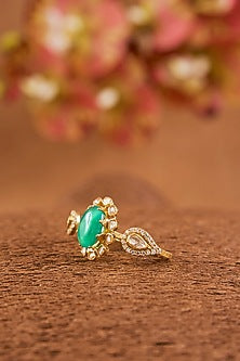 Yellow Gold Finish Moissanite Polki & Emerald Ring In Sterling Silver