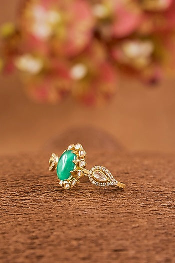 Yellow Gold Finish Moissanite Polki & Emerald Ring In Sterling Silver