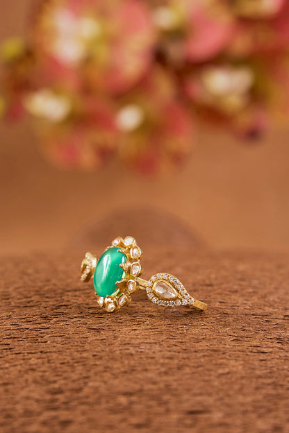 Yellow Gold Finish Moissanite Polki & Emerald Ring In Sterling Silver