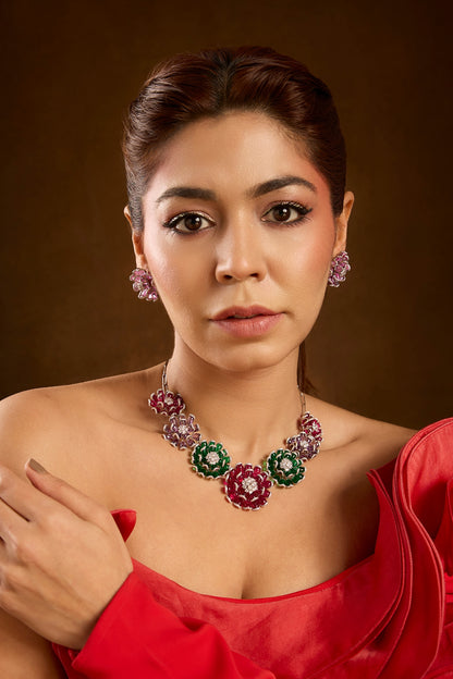 Yellow Gold Finish Emerald & Ruby Necklace Set In Sterling Silver