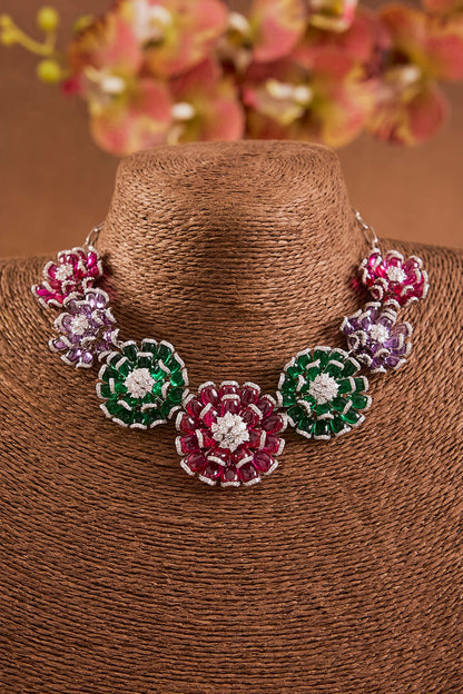 Yellow Gold Finish Emerald & Ruby Necklace Set In Sterling Silver