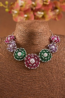 Yellow Gold Finish Emerald & Ruby Necklace Set In Sterling Silver