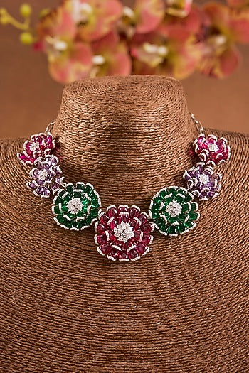 Yellow Gold Finish Emerald & Ruby Necklace Set In Sterling Silver