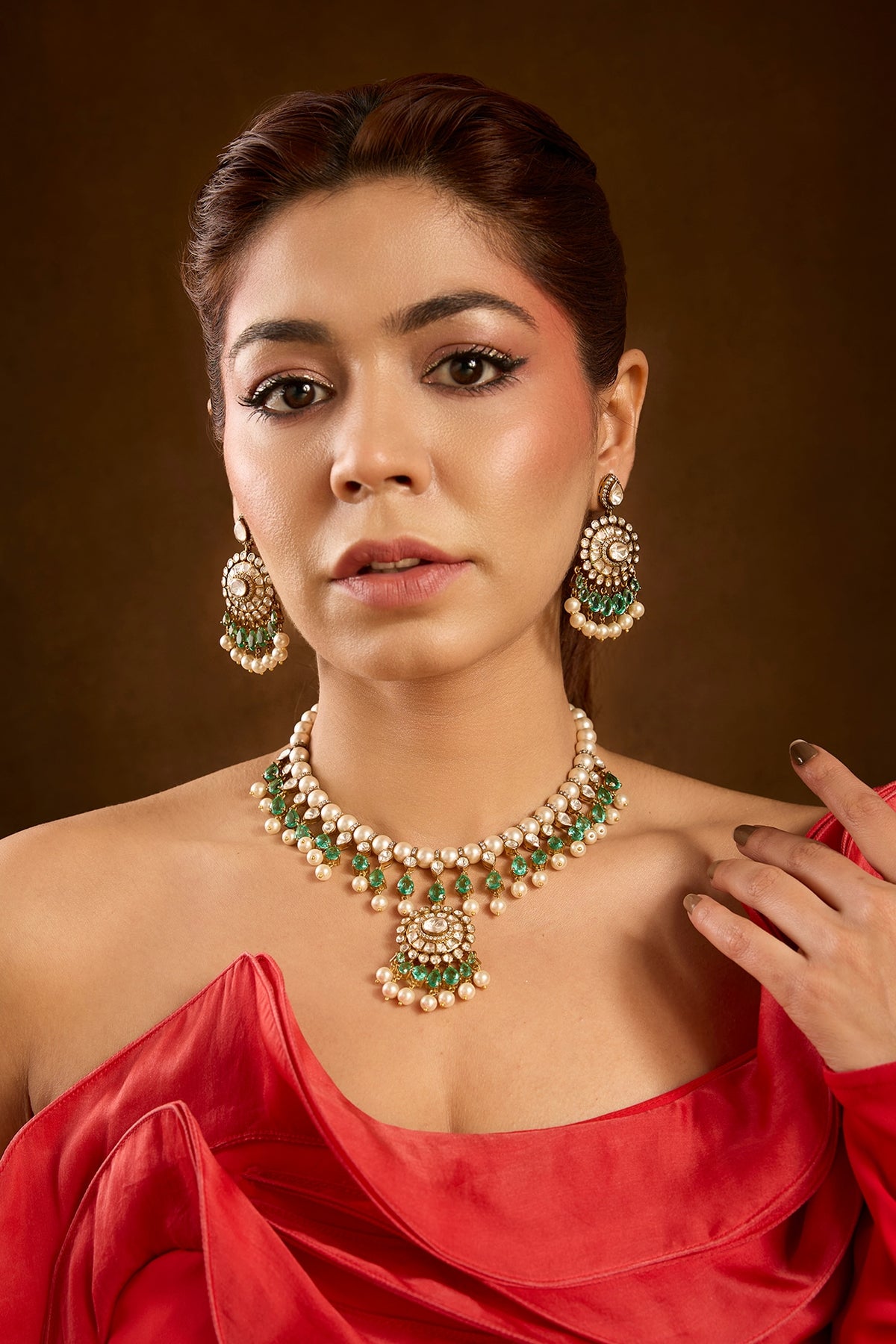 Yellow Gold Finish Emerald & Ruby Necklace Set In Sterling Silver