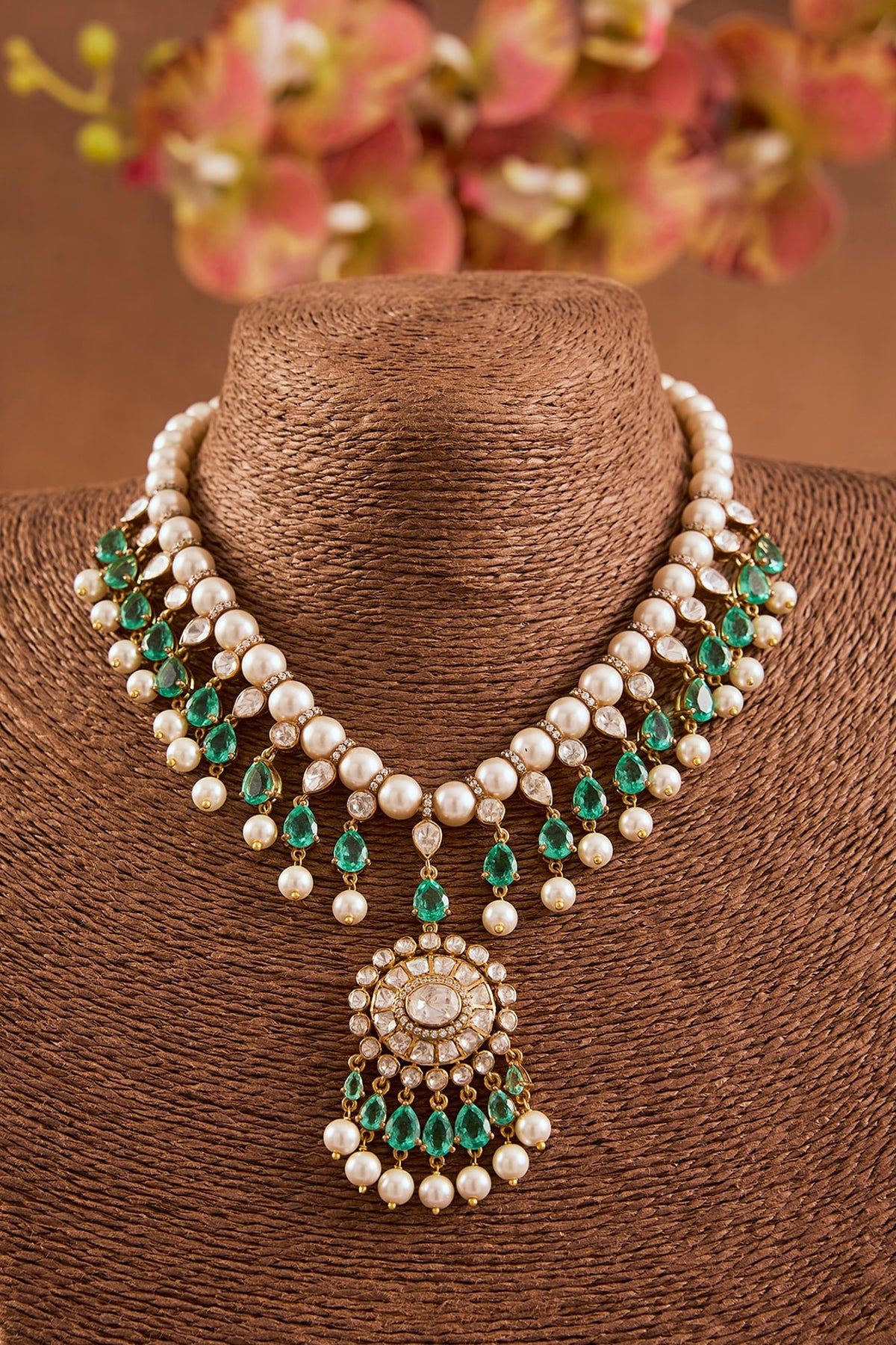 Yellow Gold Finish Emerald & Ruby Necklace Set In Sterling Silver