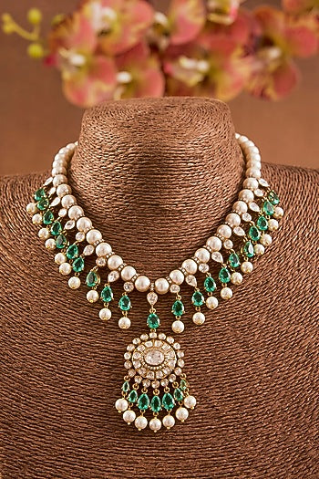 Yellow Gold Finish Emerald & Ruby Necklace Set In Sterling Silver