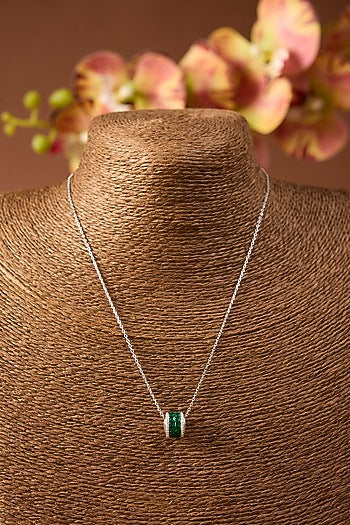 White Gold Finish Emerald & Swarovski Pendant In Sterling Silver