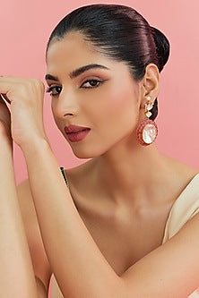 Yellow Gold Finish Moissanite Polki & Ruby Dangler Earrings In Sterling Silver