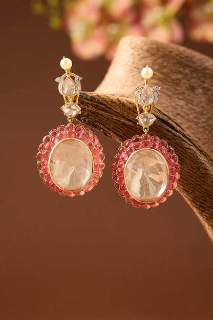 Yellow Gold Finish Moissanite Polki & Ruby Dangler Earrings In Sterling Silver