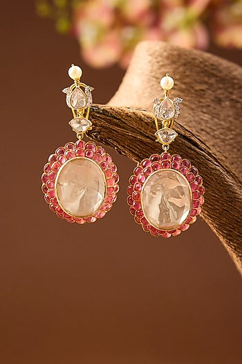 Yellow Gold Finish Moissanite Polki & Ruby Dangler Earrings In Sterling Silver