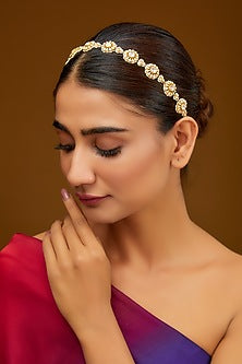 Gold Finish Moissanite Polki & Freshwater Pearl Mathapatti In Sterling Silver