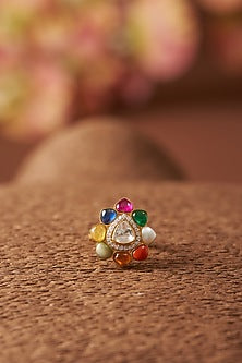 Gold Finish Moissanite Polki & Navratna Stone Ring In Sterling Silver