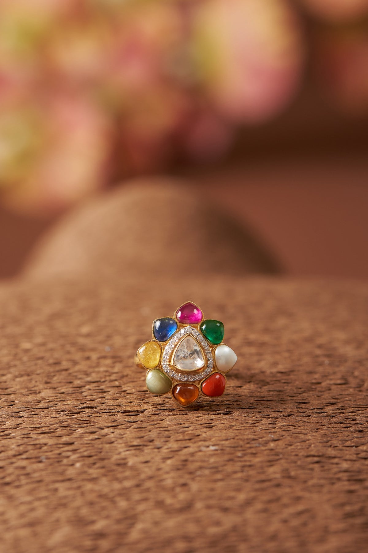 Gold Finish Moissanite Polki & Navratna Stone Ring In Sterling Silver