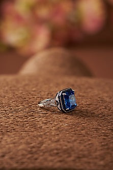 White Finish Zircon & Synthetic Sapphire Stone Ring In Sterling Silver