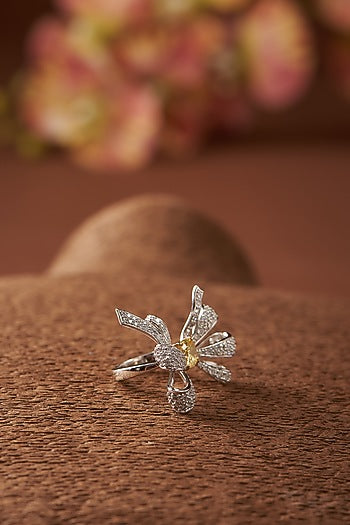 Two-Tone Finish Zircon & Synthetic Yellow Stone Ring In Sterling Silver