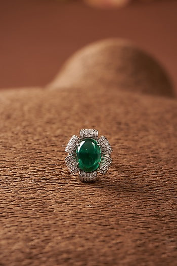 White Finish CZ & Synthetic Emerald Stone Ring In Sterling Silver