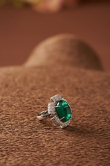 White Finish CZ & Synthetic Emerald Stone Ring In Sterling Silver