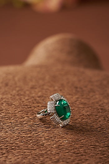 White Finish CZ & Synthetic Emerald Stone Ring In Sterling Silver