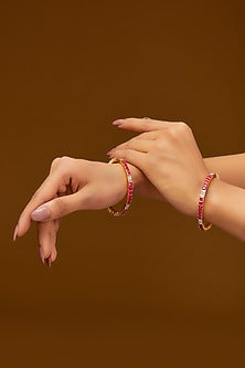 Gold Finish CZ & Synthetic Ruby Stone Bangles In Sterling Silver (Set of 2)