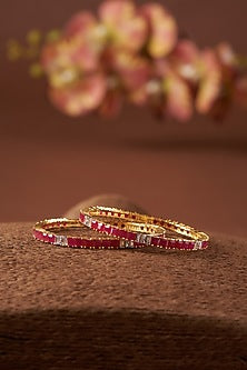 Gold Finish CZ & Synthetic Ruby Stone Bangles In Sterling Silver (Set of 2)