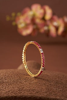 Gold Finish CZ & Synthetic Ruby Stone Bangles In Sterling Silver (Set of 2)