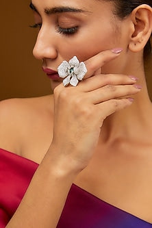 White Finish CZ & Synthetic Emerald Stone Ring In Sterling Silver