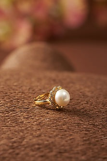 Gold Finish Pearl Ring In Sterling Silver