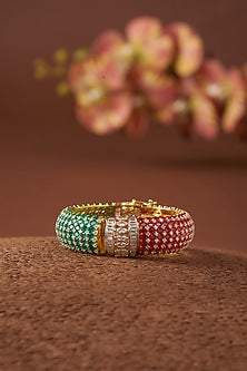 Two-Tone Finish CZ & Synthetic Stone Bangle In Sterling Silver