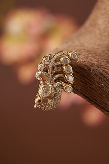 Gold Finish Moissanite Polki & CZ Brooch In Sterling Silver