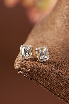 White Finish Zircon Stud Earrings In Sterling Silver