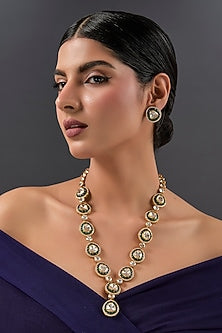 Yellow Gold Finish Moissanite Polki & Emerald Long Necklace Set In Sterling Silver