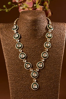 Yellow Gold Finish Moissanite Polki & Emerald Long Necklace Set In Sterling Silver