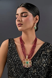 Yellow Gold Finish Moissanite Polki & Ruby Long Necklace Set In Sterling Silver
