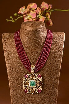 Yellow Gold Finish Moissanite Polki & Ruby Long Necklace Set In Sterling Silver