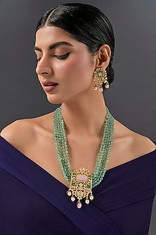 Yellow Gold Finish Moissanite Polki & Emerald Long Necklace Set In Sterling Silver
