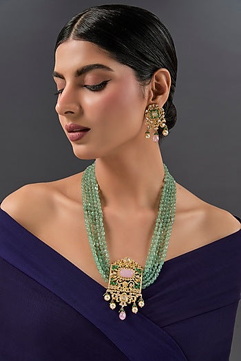 Yellow Gold Finish Moissanite Polki & Emerald Long Necklace Set In Sterling Silver