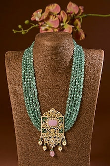 Yellow Gold Finish Moissanite Polki & Emerald Long Necklace Set In Sterling Silver