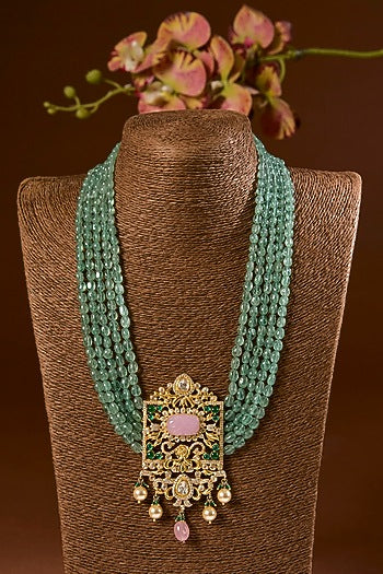 Yellow Gold Finish Moissanite Polki & Emerald Long Necklace Set In Sterling Silver