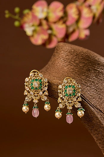 Yellow Gold Finish Moissanite Polki & Emerald Long Necklace Set In Sterling Silver