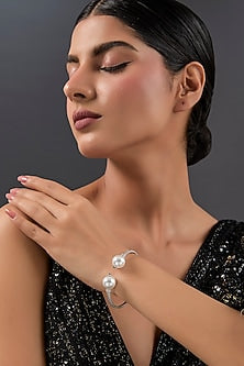 White Gold Finish Eurostar & Pearl Bracelet In Sterling Silver