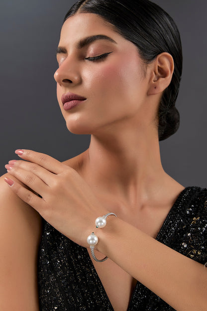 White Gold Finish Eurostar & Pearl Bracelet In Sterling Silver