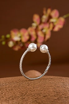 White Gold Finish Eurostar & Pearl Bracelet In Sterling Silver